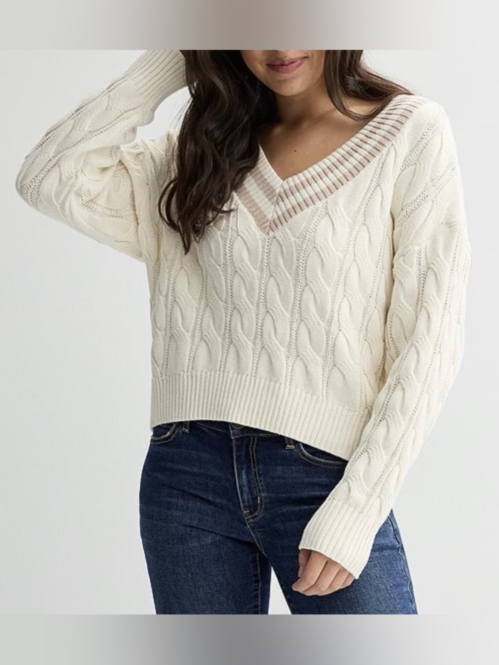 Cream Cable-Knit Varsity Pullover V-Neck Sweater